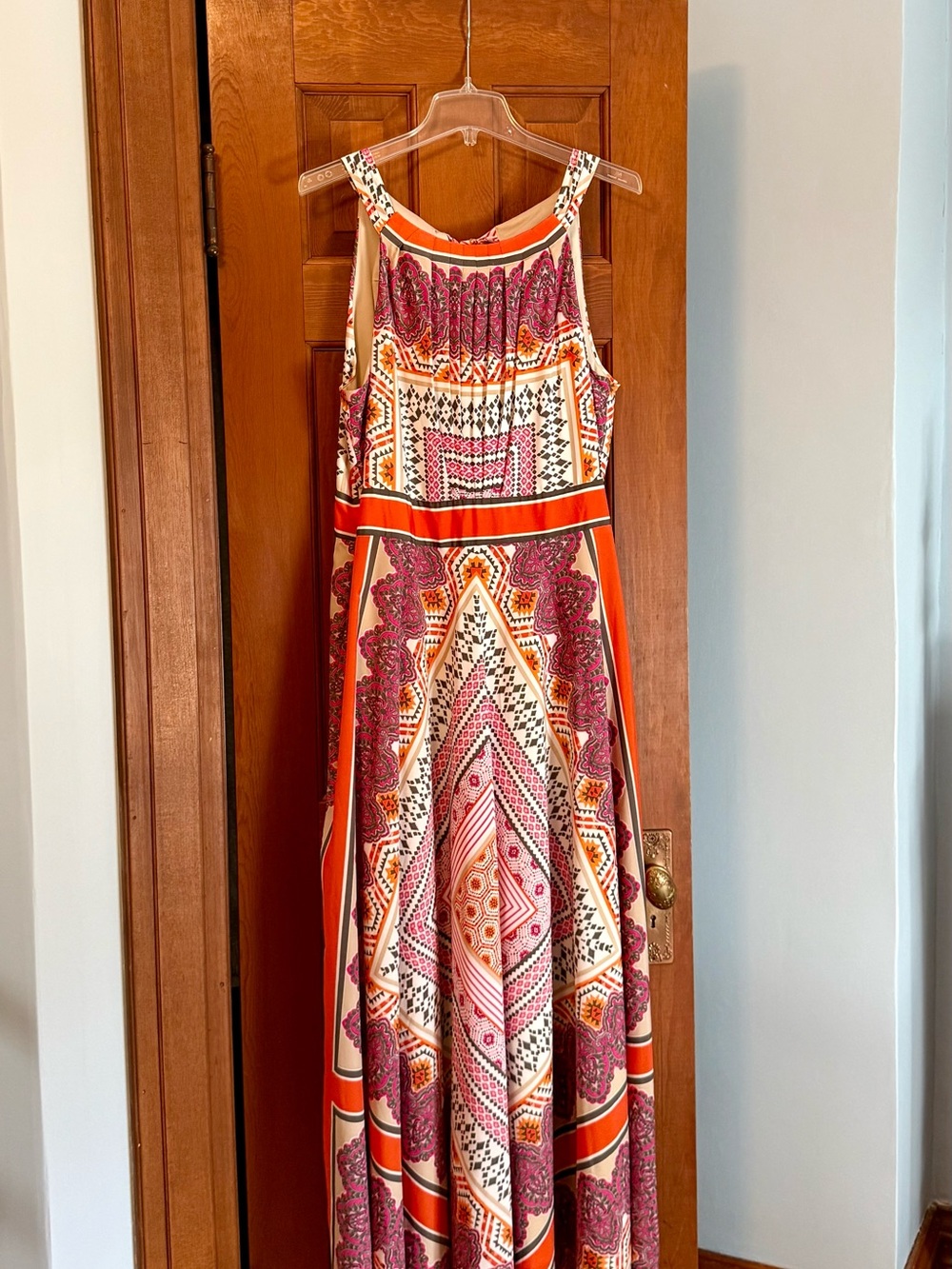 Chico's Printed Sleeveless Maxi Dress in Orange, Pink & Cream